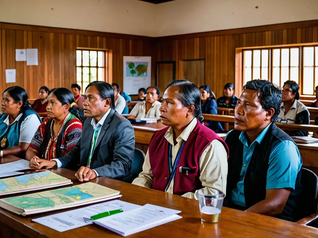 Miembros de la comunidad indígena y sus representantes legales preparan estrategias legales contra el extractivismo, rodeados de documentos y mapas detallados en una sala llena de determinación y esperanza