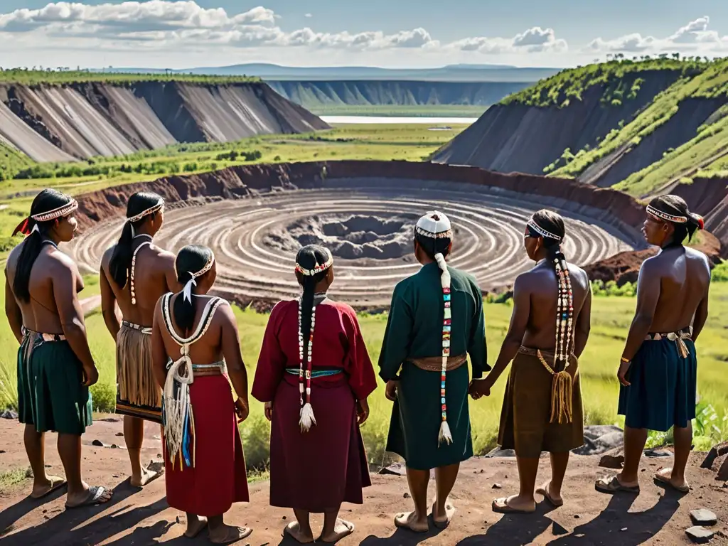 Miembros de comunidad indígena en resistencia contra extractivismo, unidos frente a la amenaza minera en paisaje natural