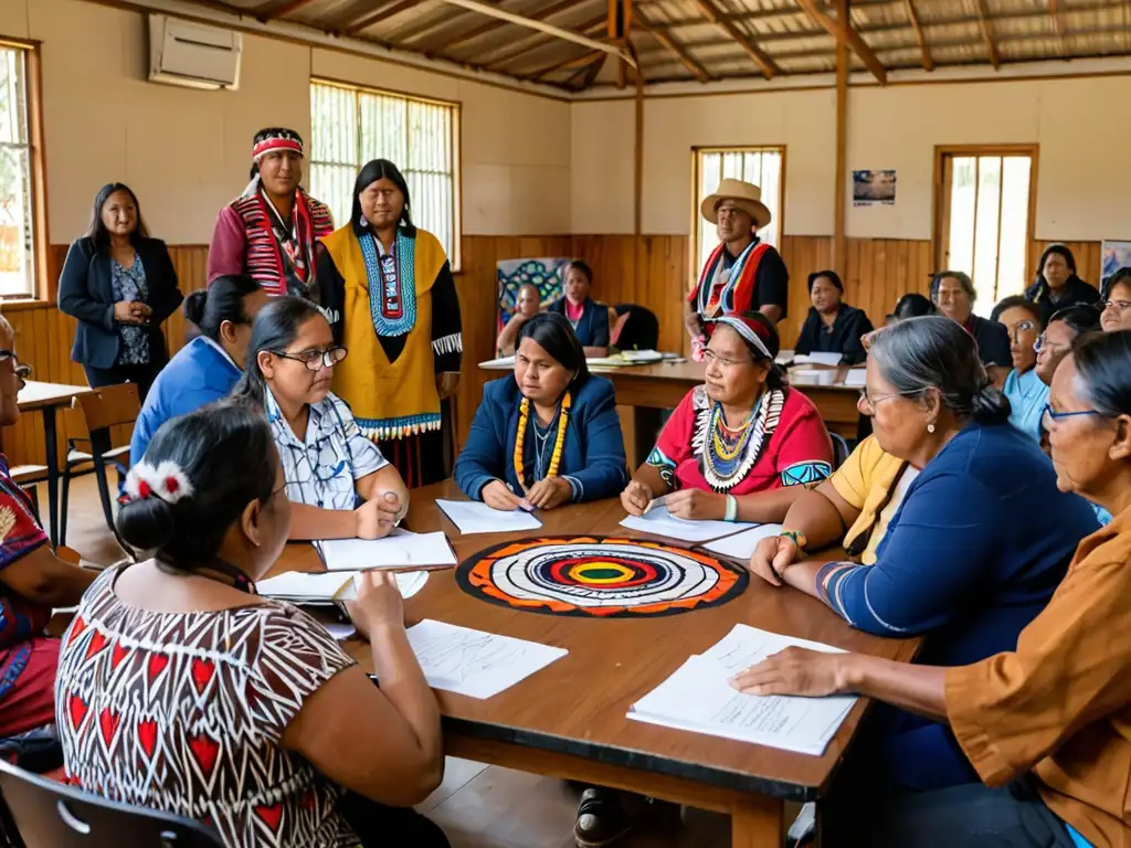 Miembros de comunidad indígena participando en taller de empoderamiento legal y defensa de territorios, en un salón comunitario con arte tradicional