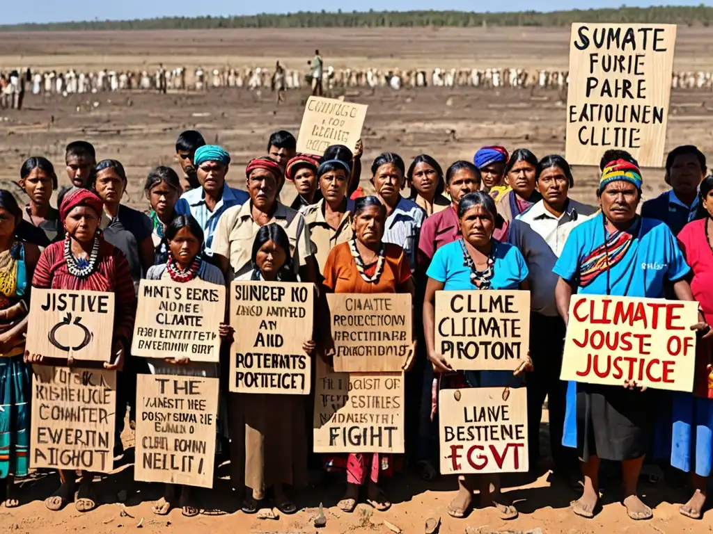 Miembros de comunidad indígena luchando por la protección de su tierra y justicia climática en un paisaje deforestado