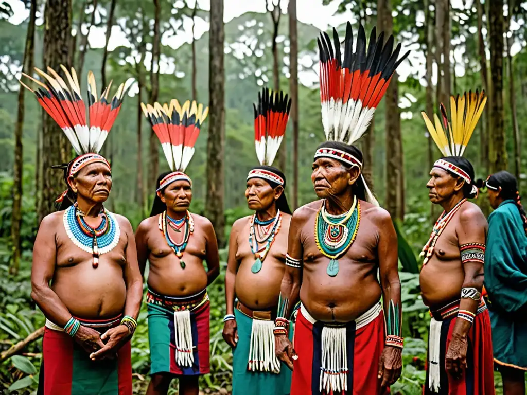 Miembros de comunidad indígena en tradicional atuendo y arte corporal, discutiendo y bailando en la exuberante selva, resaltando la importancia de sus derechos territoriales ante el impacto de industrias extractivas