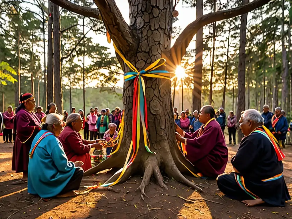 Miembros de comunidad indígena protegiendo tradiciones locales alrededor de árbol sagrado, mientras el sol se pone en la selva