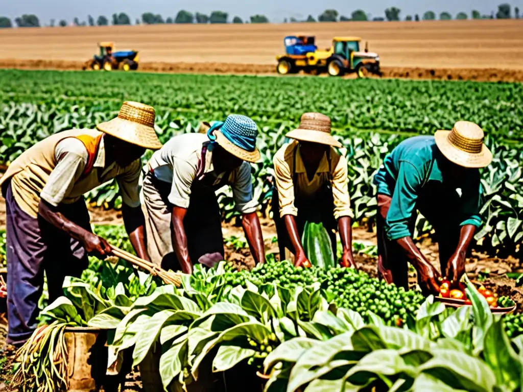 Migrantes cosechando bajo el sol, sudor en sus frentes y manos, mientras trabajan en los campos