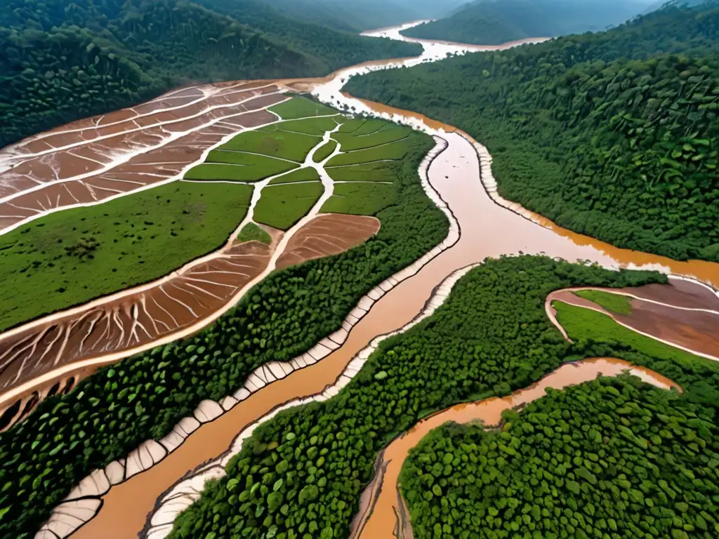 Desolación por minería ilegal frente a exuberante selva intacta, mostrando el impacto global de la minería ilegal en el medio ambiente