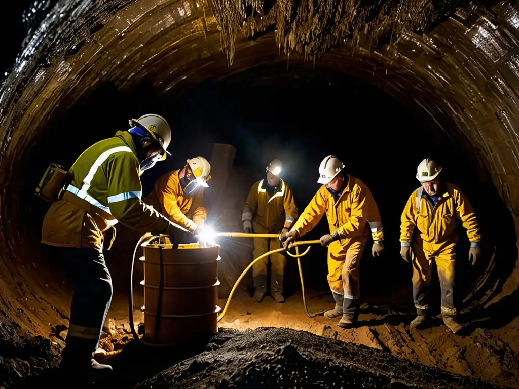 Mineros extrayendo asbesto en una mina subterránea, destacando las duras condiciones