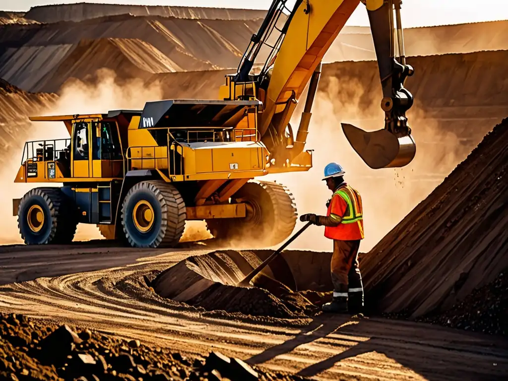 Mineros operando maquinaria pesada en una mina a cielo abierto al atardecer, destacando la legislación ambiental para empresas mineras