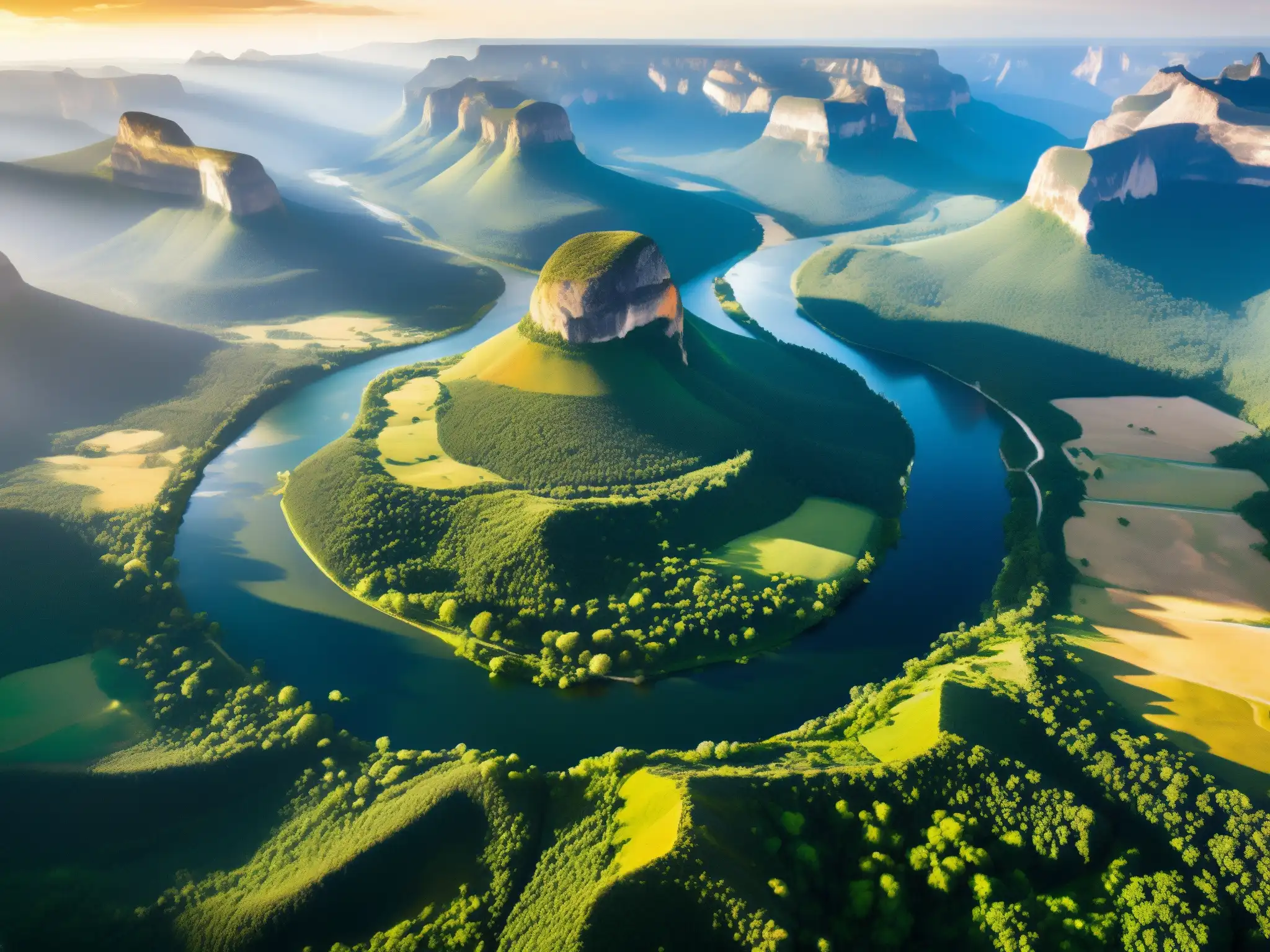 Modelo conservación Ley Parques Nacionales: Vista aérea impresionante de un exuberante parque nacional, con vegetación vibrante y ríos serpenteantes