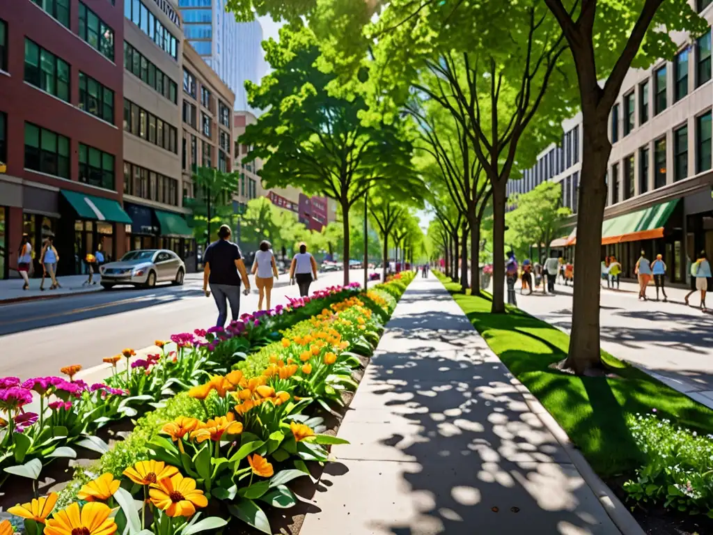 Urbanización moderna con árboles frondosos y flores coloridas