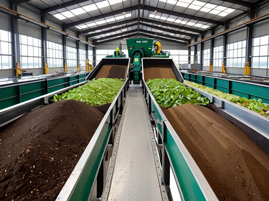 Instalación moderna de compostaje rodeada de vegetación exuberante y trabajadores supervisando el proceso