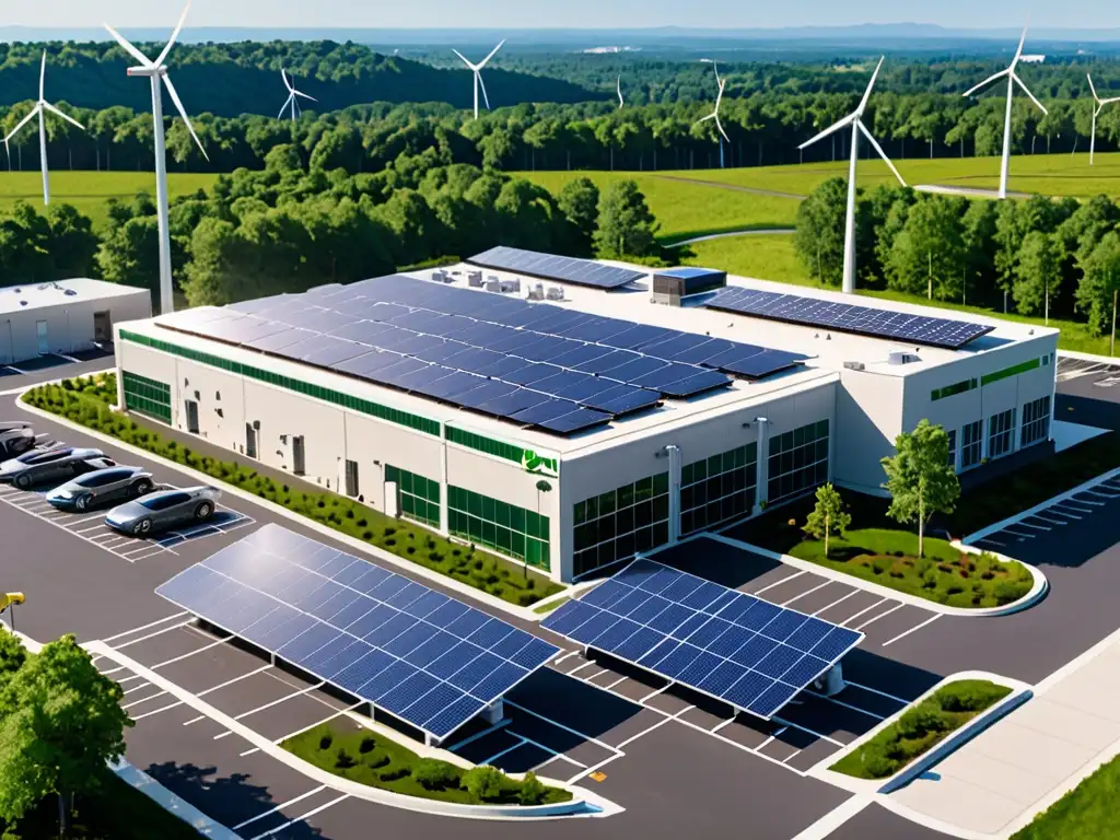 Instalación ecoamigable: tecnología limpia y sostenibilidad ambiental Instalación moderna y ecológica con paneles solares, turbinas eólicas y estaciones de carga para autos eléctricos, rodeada de exuberante vegetación