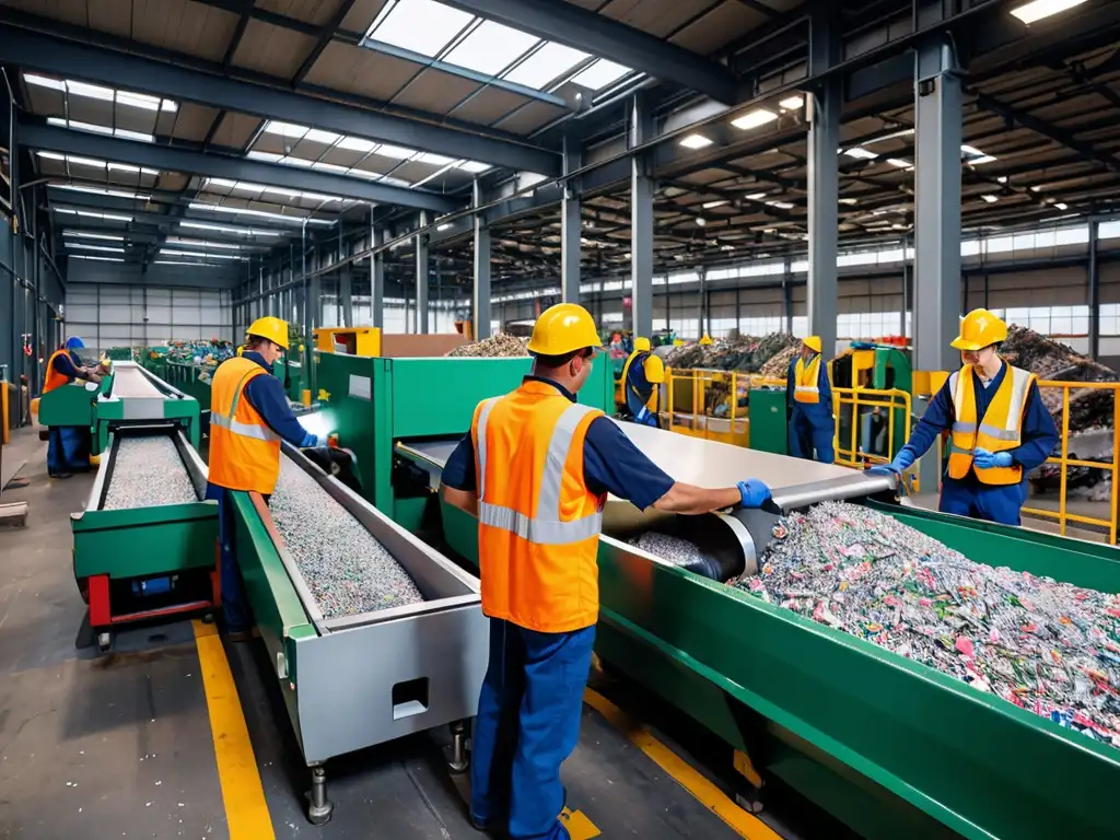 Instalación moderna de reciclaje con maquinaria avanzada y trabajadores en acción