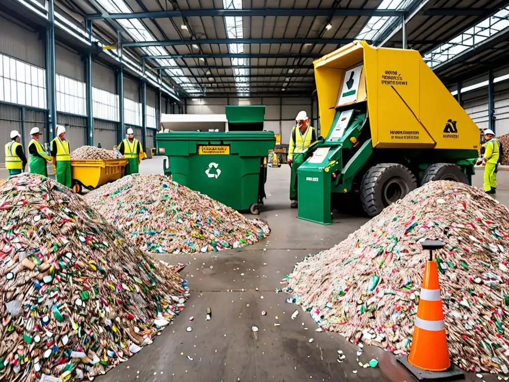 Instalación moderna de gestión de residuos con trabajadores supervisando la clasificación y procesamiento de materiales reciclables