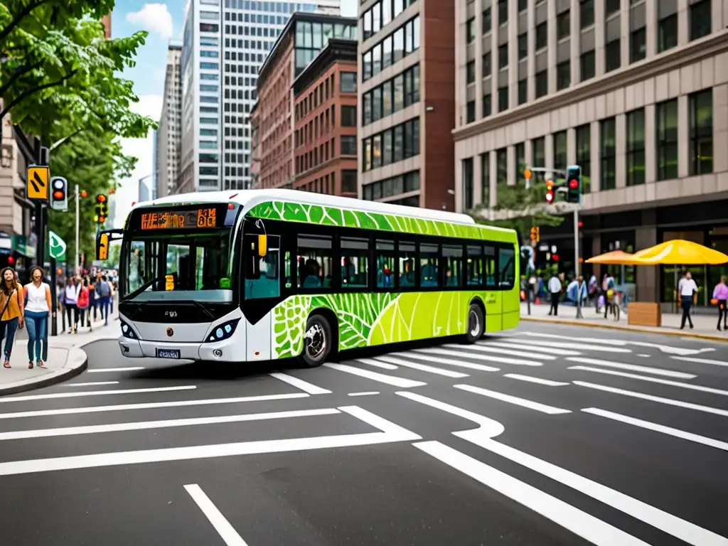 Un moderno autobús eléctrico recorre la ciudad, destacando su diseño sostenible y la legislación ambiental en el transporte público ecológico