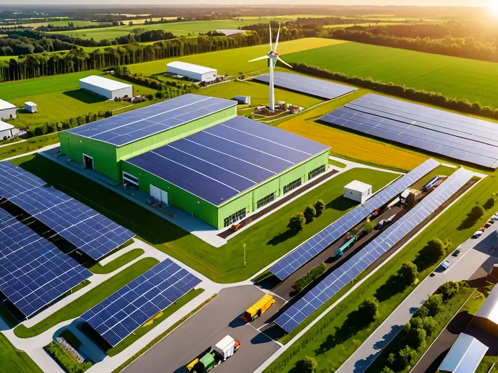 Un moderno complejo industrial con paneles solares en el techo, turbinas eólicas y un paisaje verde