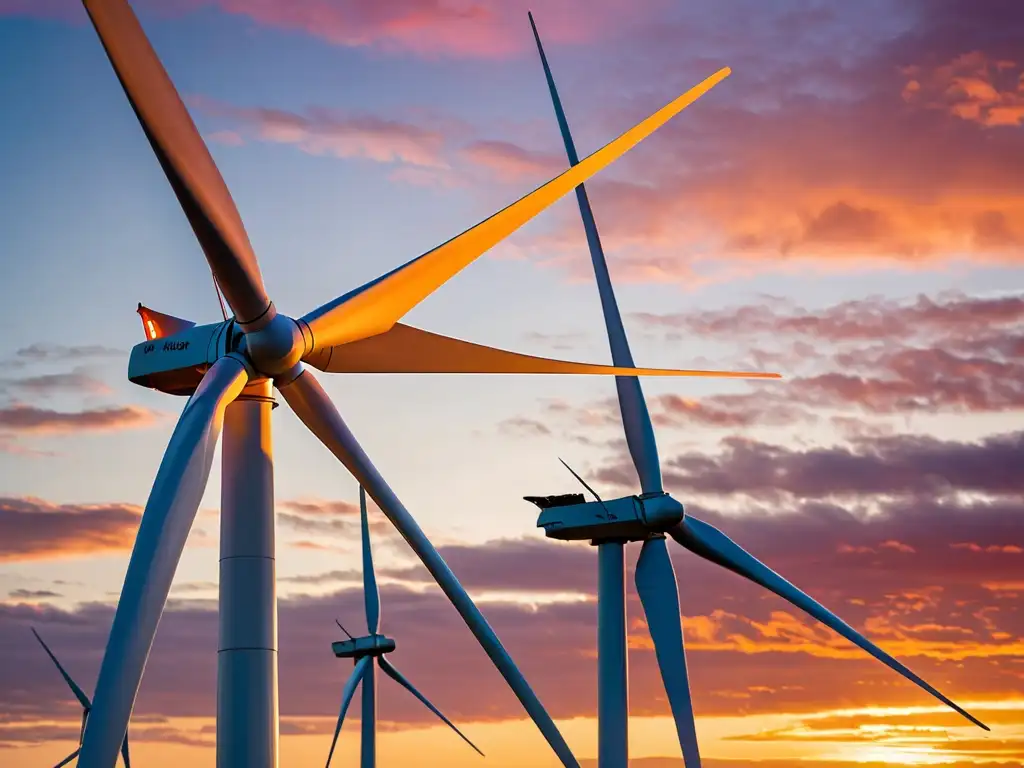 Un molino de viento se alza contra un cielo vibrante al atardecer, capturando la energía dinámica del viento