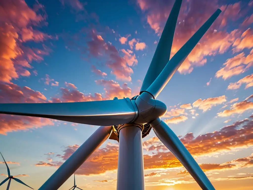 Un molino de viento en movimiento se destaca contra un cielo vibrante al atardecer, mostrando el rol de certificados verdes en energías renovables