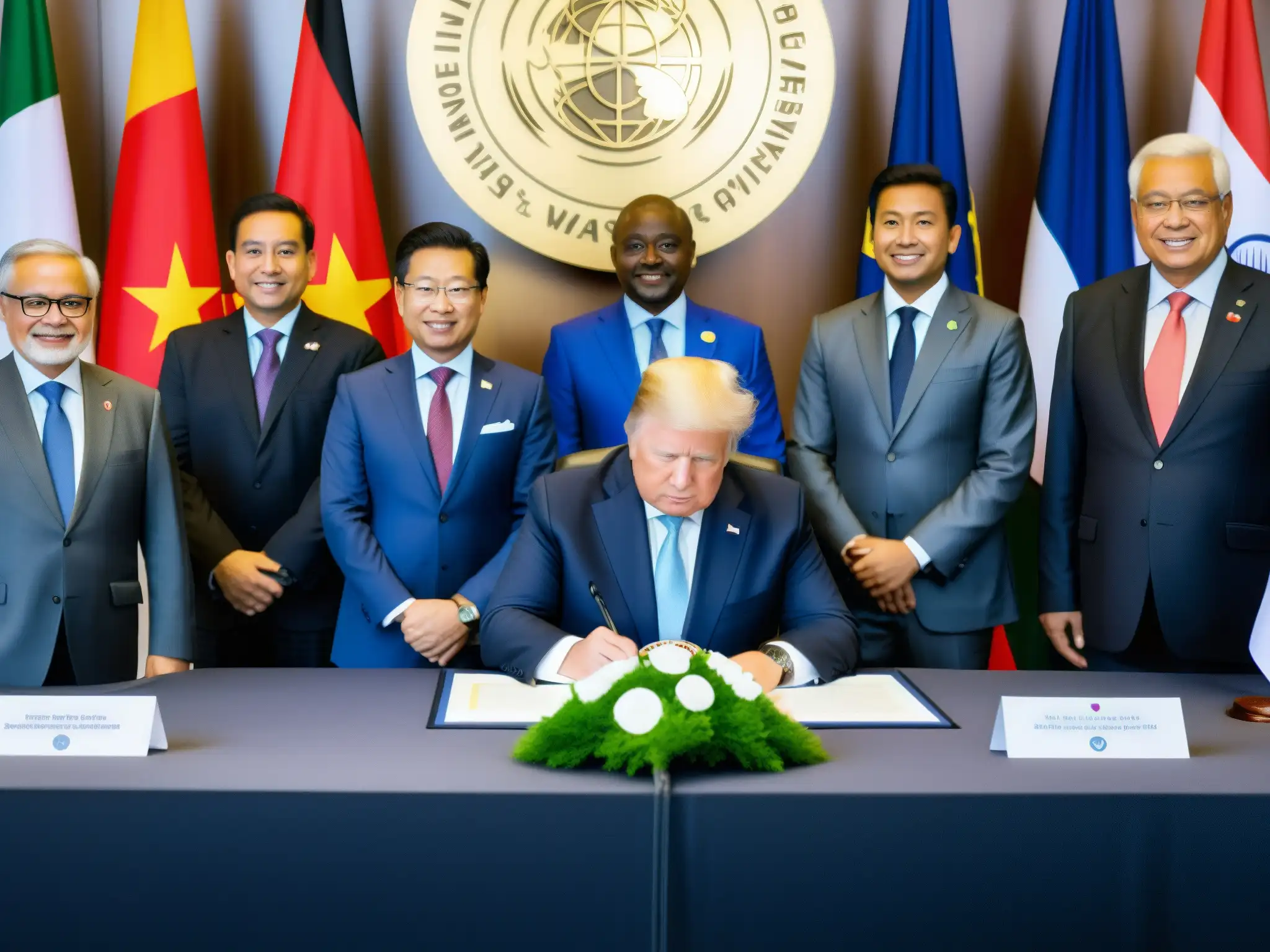 Un momento solemne y diplomático, delegados internacionales firmando tratados sobre gestión de residuos peligrosos, con banderas de diferentes países de fondo