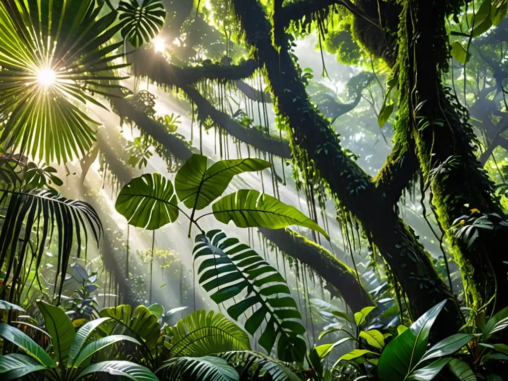 Biodiversidad deslumbrante: el mágico dosel del bosque tropical Un mosaico exuberante de biodiversidad en un dosel de selva tropical, iluminado por el sol
