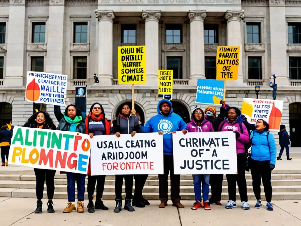 Manifestación de movimientos sociales justicia climática frente a un edificio gubernamental