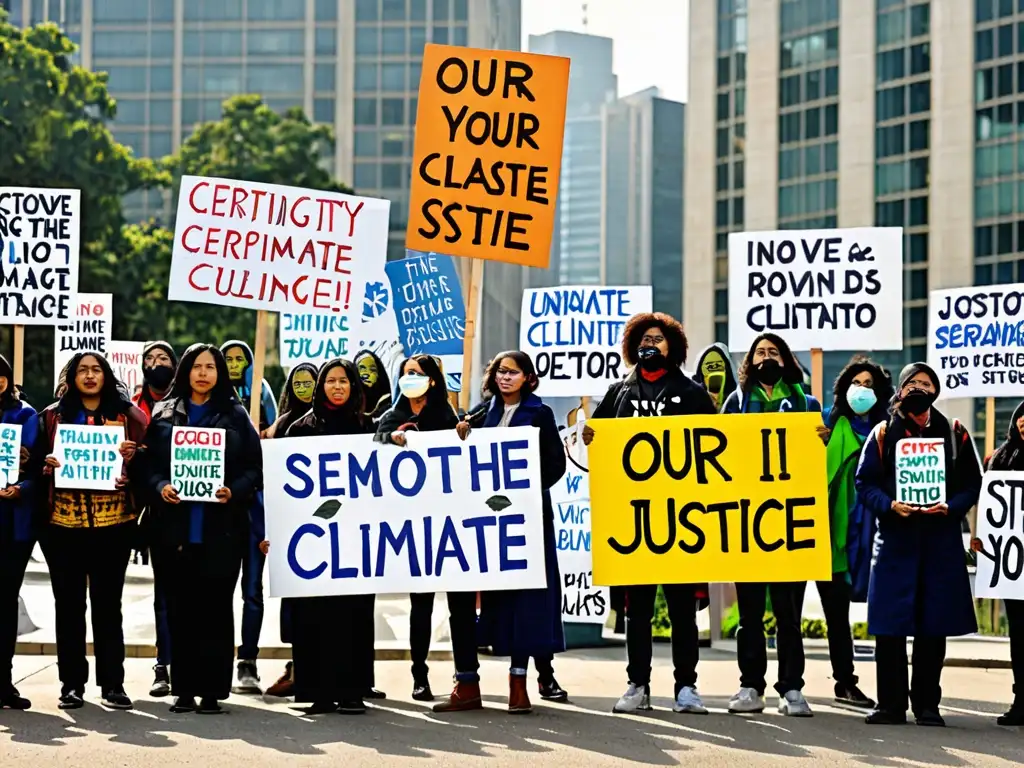 Manifestación de movimientos sociales por la justicia climática con pancartas emotivas, en contraste con el paisaje urbano