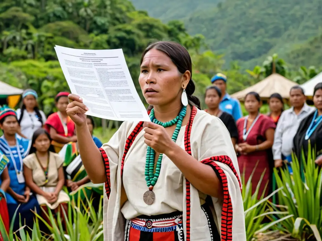 Una mujer indígena empoderada sostiene un documento legal mientras habla con determinación frente a su comunidad, en un paisaje verde exuberante que simboliza la conexión con sus territorios ancestrales