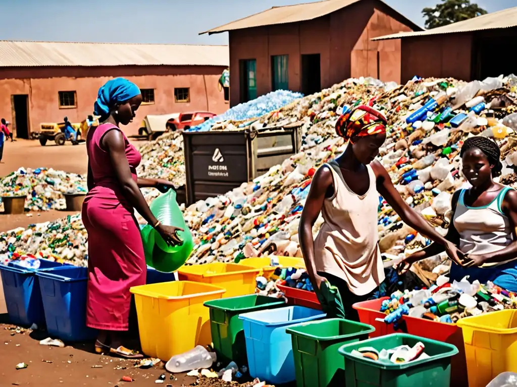 Mujeres africanas trabajando en planta de reciclaje bajo el sol africano, mostrando normativas innovadoras gestión residuos África