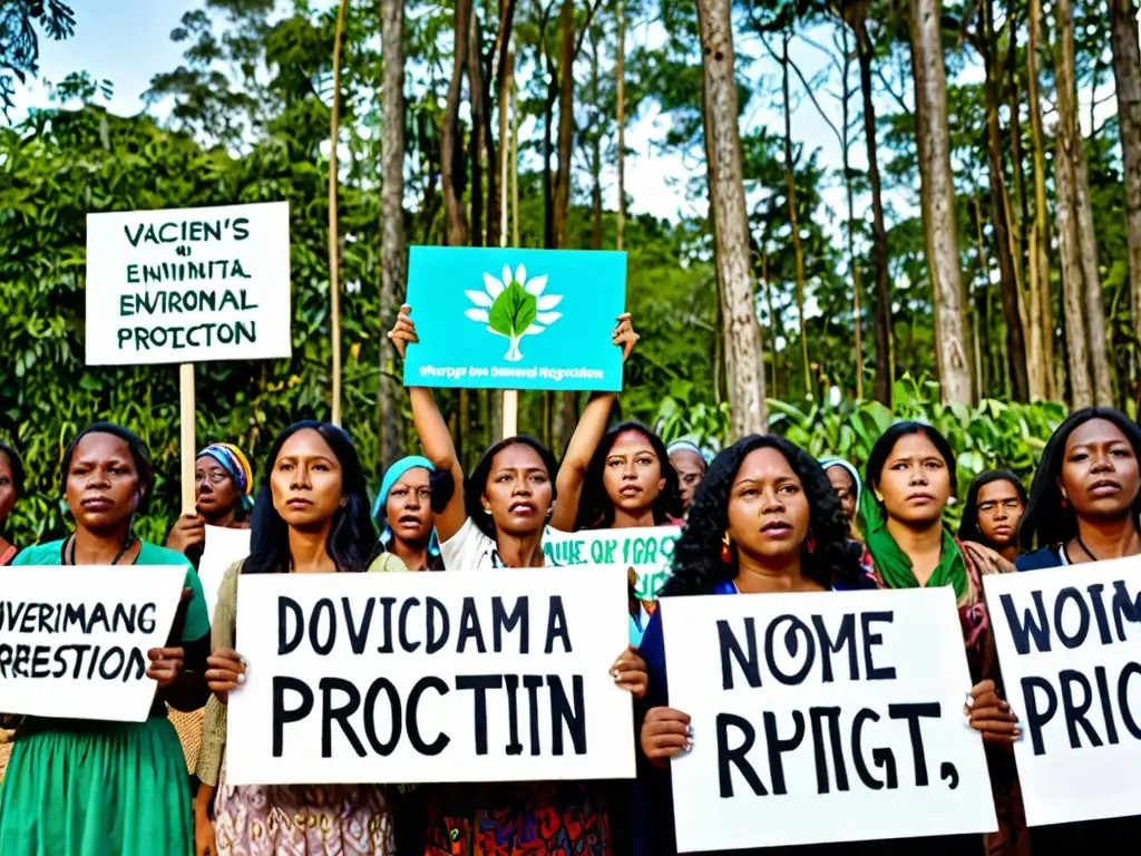 Mujeres en comunidad defienden derechos y ambiente, mostrando fuerza y solidaridad en paisaje natural