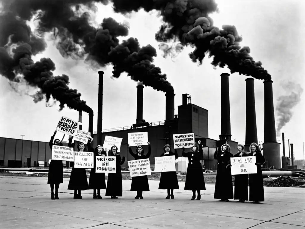 Mujeres luchando por derechos ambientales frente a fábrica humeante, transmitiendo urgencia y determinación en conflictos ambientales derechos mujeres