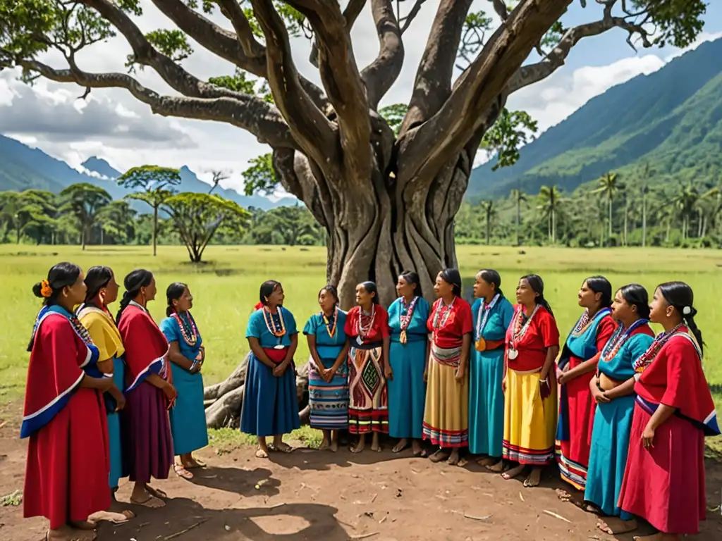 Mujeres indígenas protegiendo legalmente sus territorios con determinación bajo un árbol ancestral