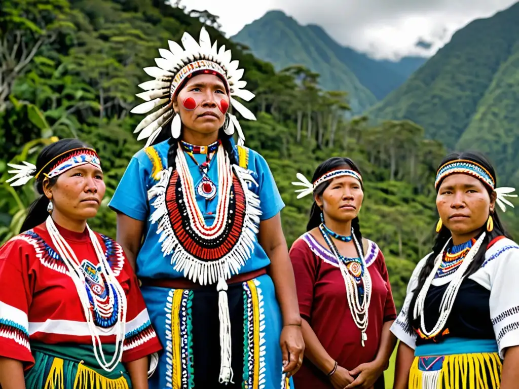 Mujeres indígenas en tierras ancestrales, vistiendo trajes tradicionales y trabajando por la protección legal de sus territorios