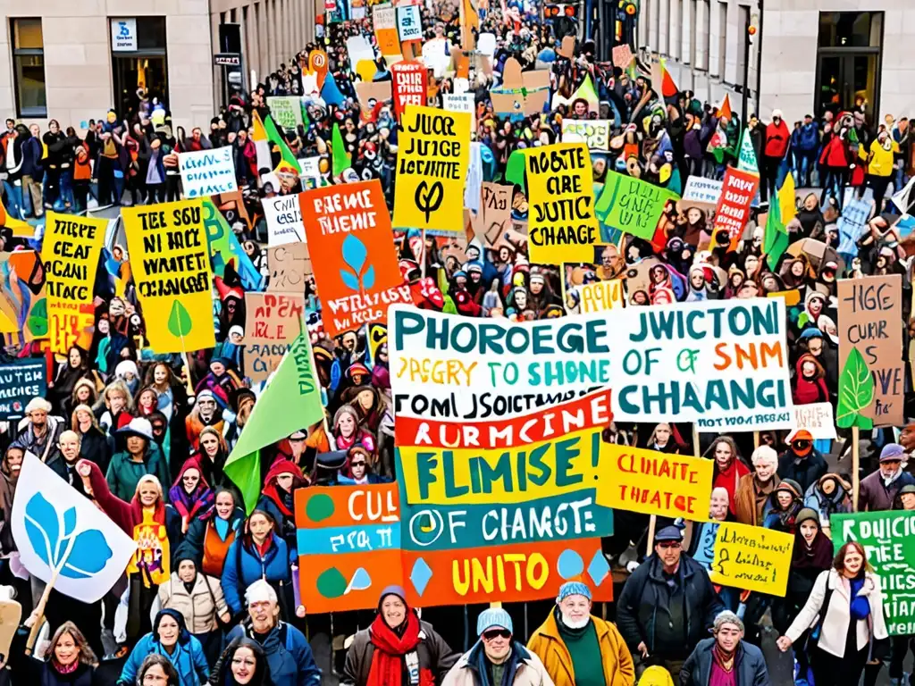 Multitud en marcha por movimientos sociales justicia climática, diversidad de edades y pancartas coloridas en protesta por el cambio climático