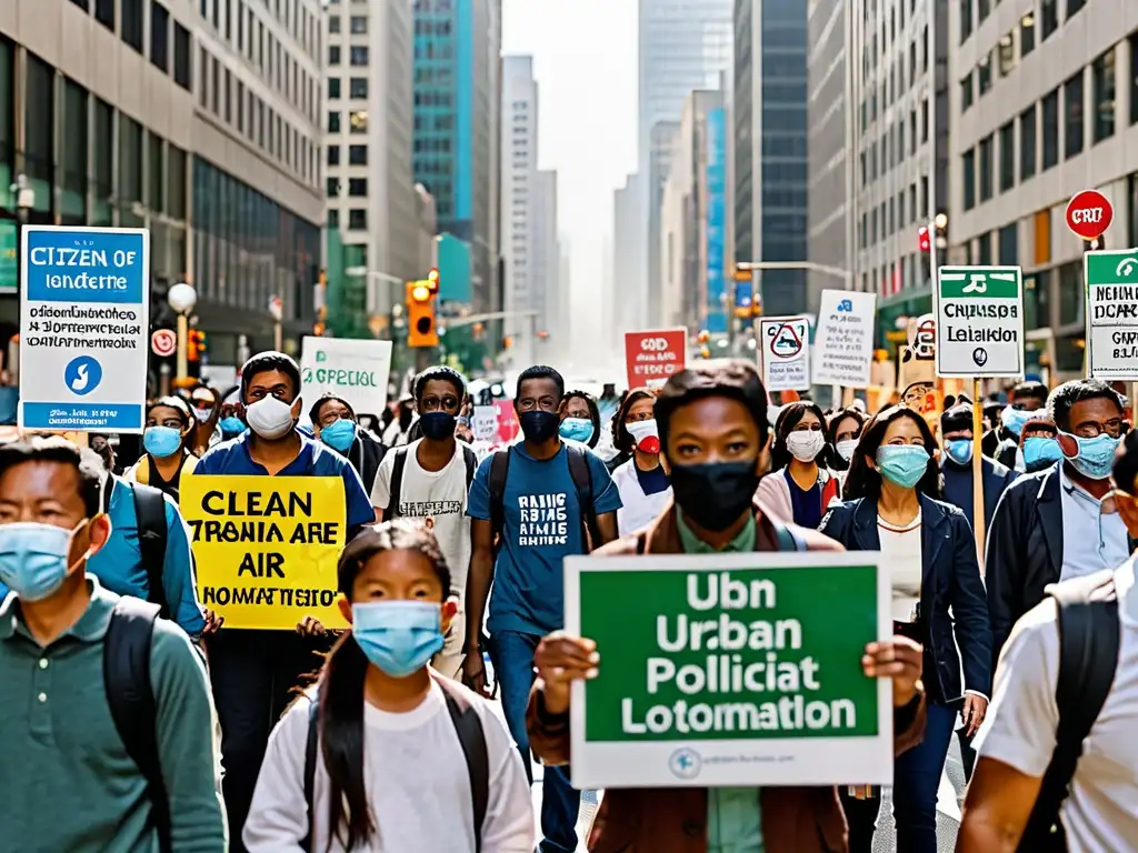 Una multitudinaria calle urbana con transeúntes usando mascarillas, rodeada de altos edificios y tráfico pesado