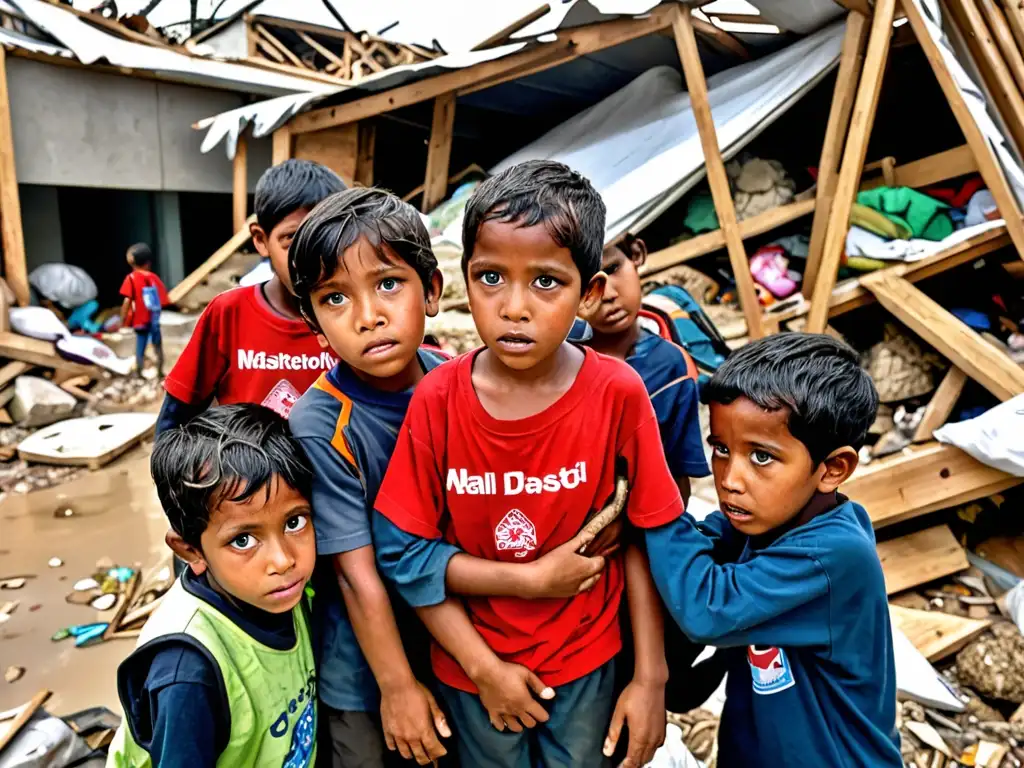 Niños abrazados en refugio improvisado tras catástrofe natural, rescatistas brindan ayuda