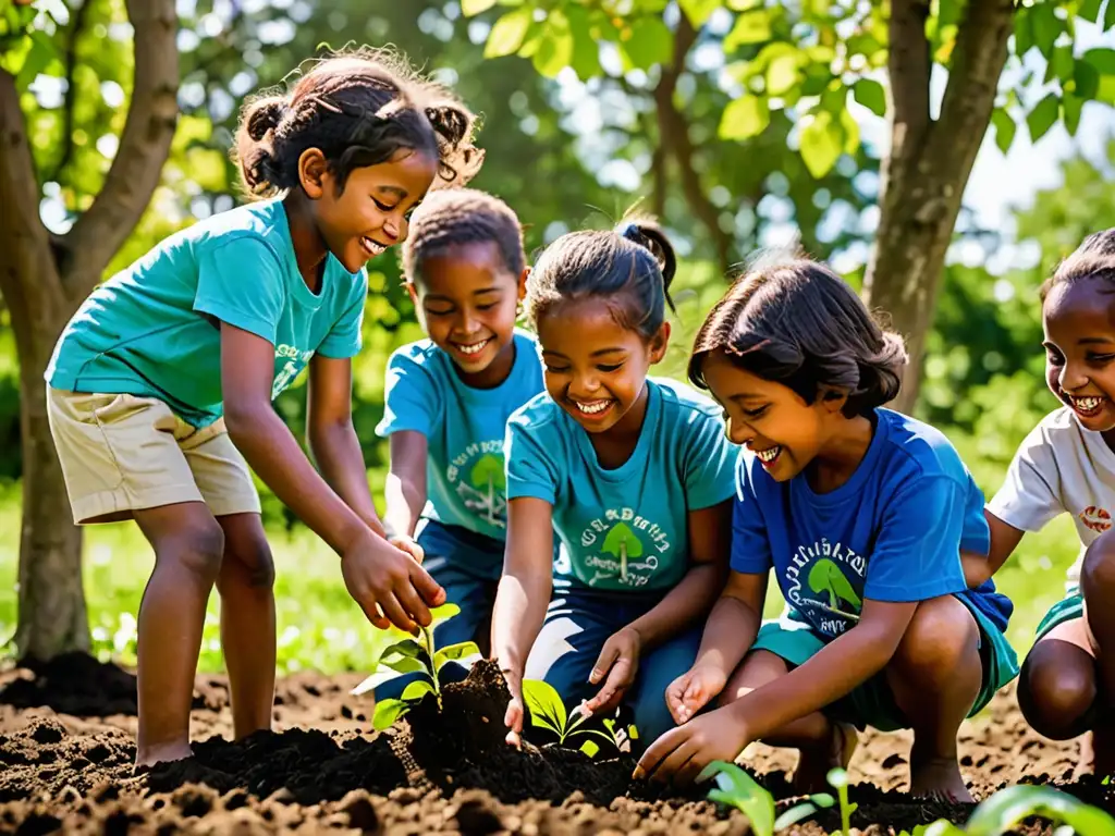 Niños plantan árboles con alegría en un parque, demostrando participación infantil en legislación ambiental