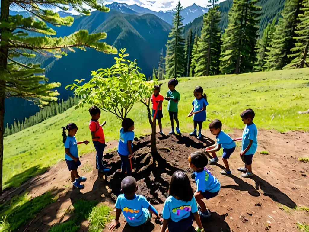 Niños plantando árboles en un bosque, participación infantil en legislación ambiental