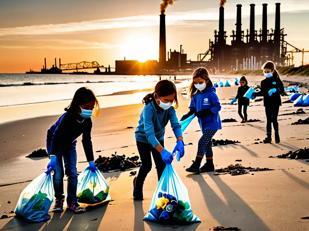 Niños recogiendo basura en la playa al atardecer, destacando la protección ambiental de la infancia