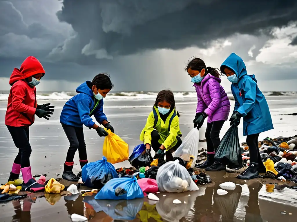 Niños recogiendo basura en playa contaminada, con nubes de tormenta