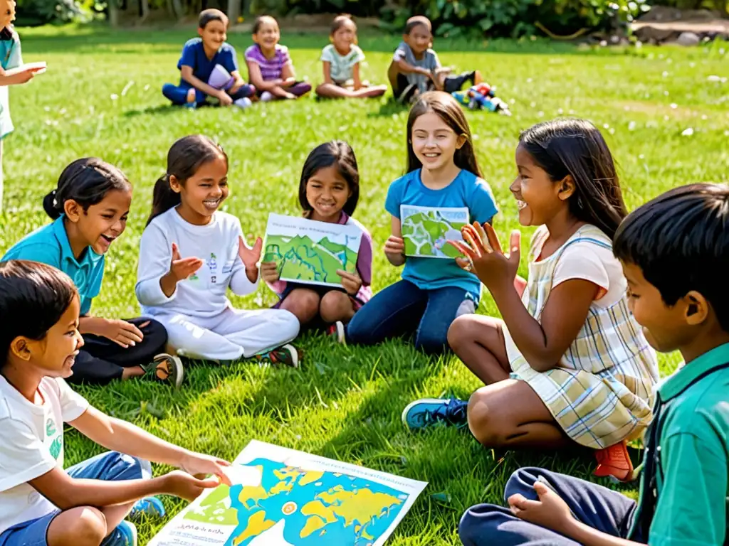 Niños de diversas edades y etnias debaten sobre conservación ambiental en círculo en el césped, con carteles y mapas