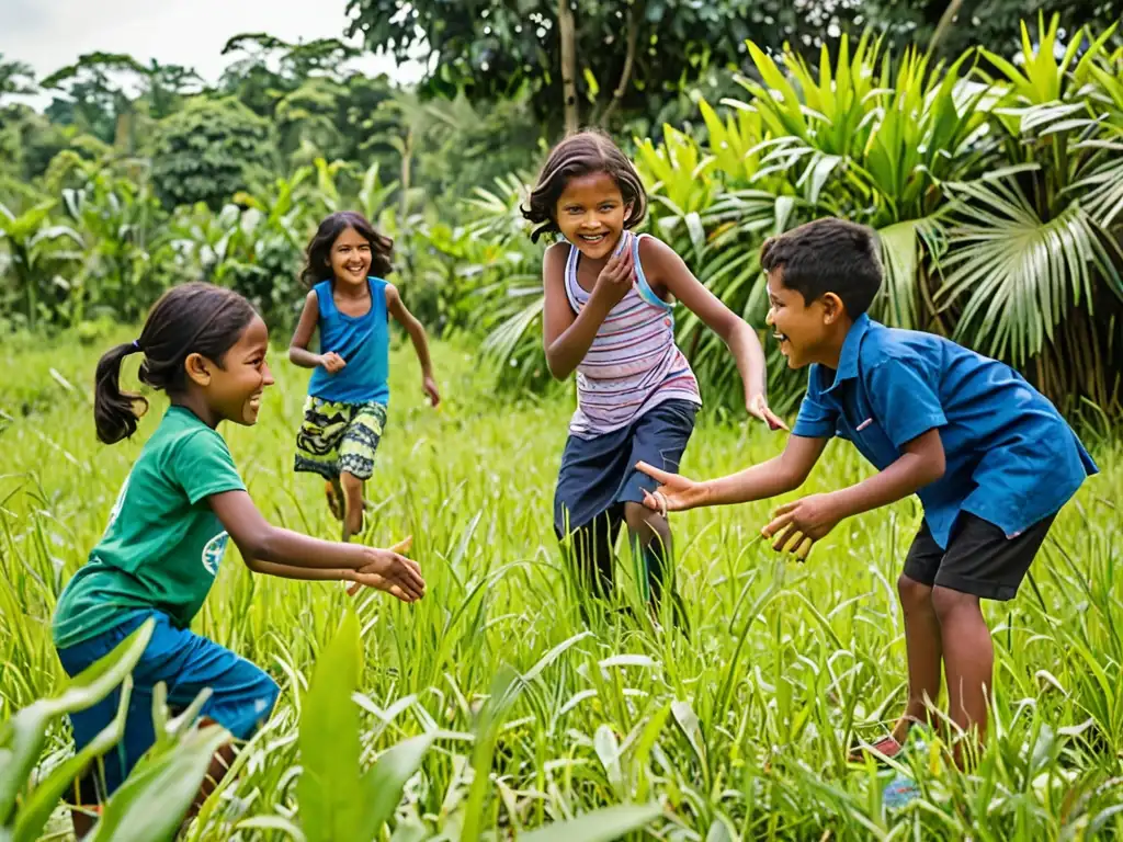 Niños de distintas etnias juegan en un campo verde mientras un trabajador de ONG les enseña sobre la protección del medio ambiente