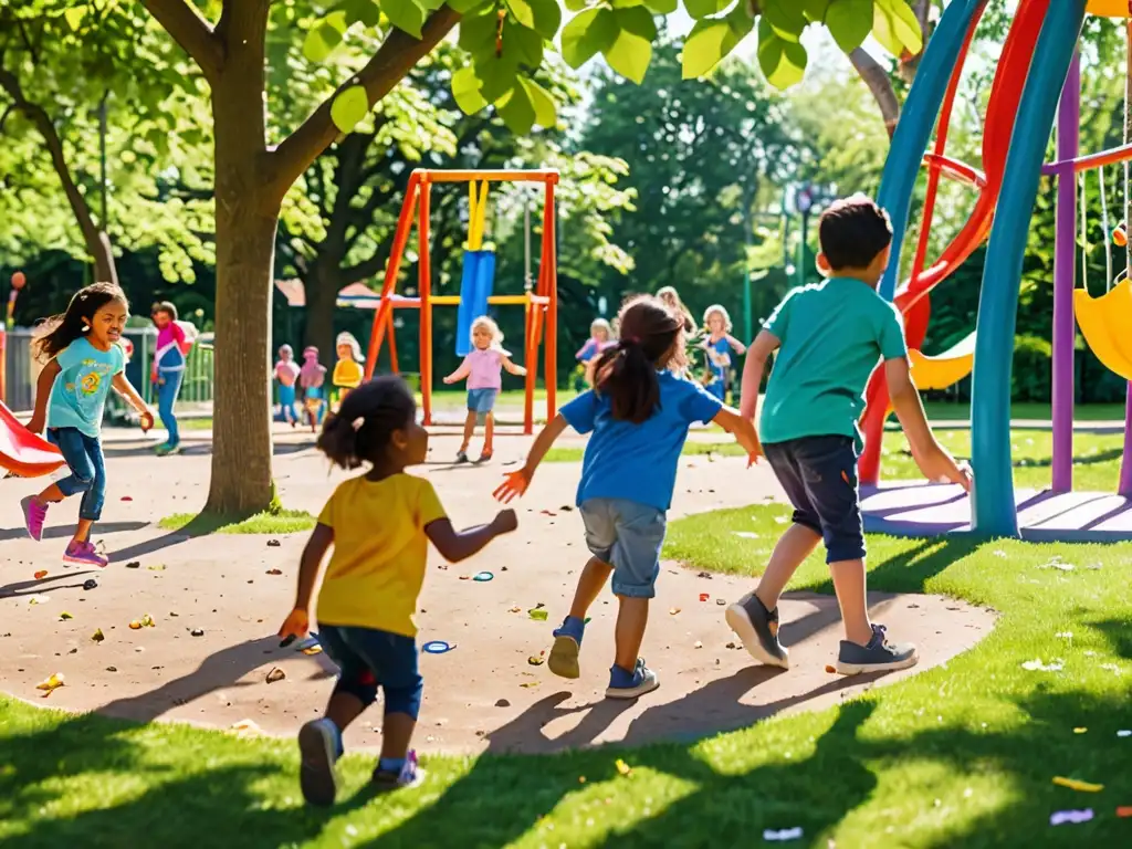 Niños juegan felices en un parque colorido y limpio, rodeados de naturaleza