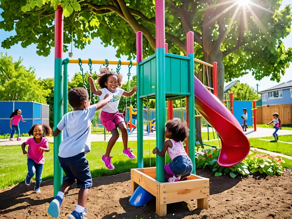 Niños felices disfrutan de un parque limpio y verde, con juegos y naturaleza, promoviendo los derechos de los niños en espacios limpios