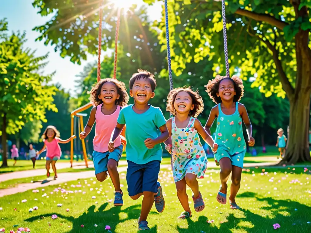 Niños jugando felices en un parque, rodeados de naturaleza