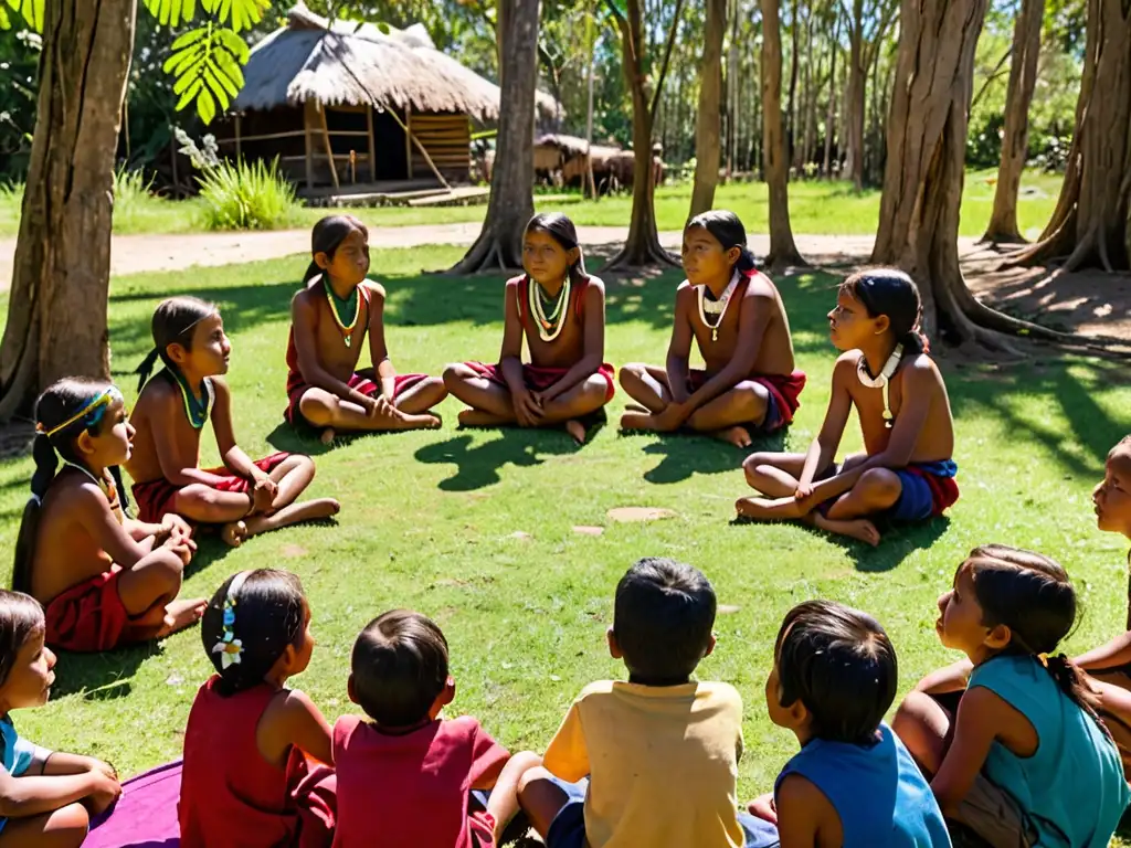 Niños indígenas escuchan atentamente a un anciano compartiendo sabiduría ecológica en un círculo en la naturaleza