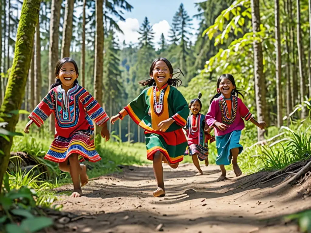 Niños indígenas juegan en el bosque, rodeados de naturaleza exuberante