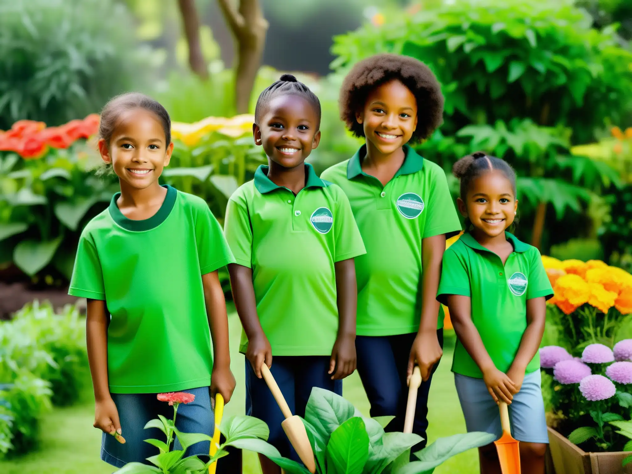 Niños cuidando un jardín, usando herramientas de jardinería, rodeados de naturaleza exuberante