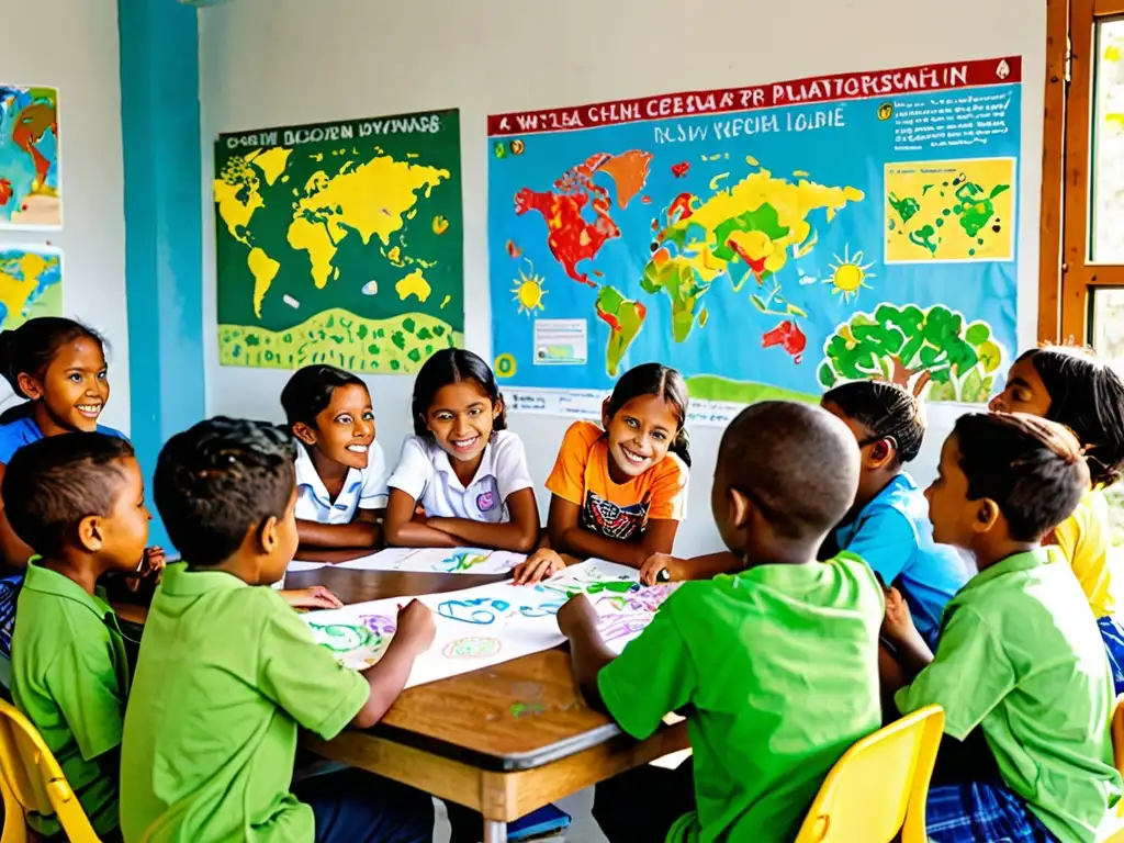 Niños participan activamente en legislación ambiental, discutiendo y creando carteles sobre temas ecológicos en aula iluminada