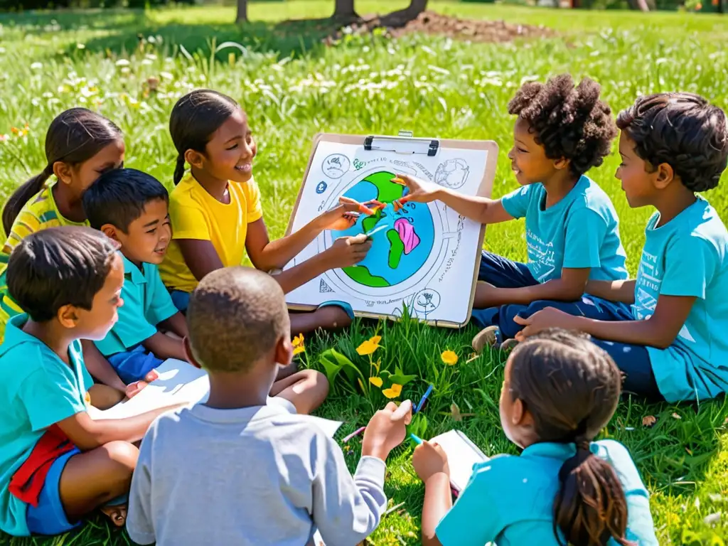 Niños participando activamente en la legislación ambiental, discutiendo ideas para un futuro sostenible en un entorno natural y sereno