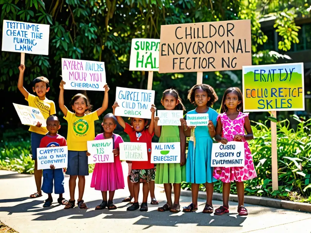 Niños participando en legislación ambiental, protestando pacíficamente con pancartas ambientales frente a un edificio gubernamental