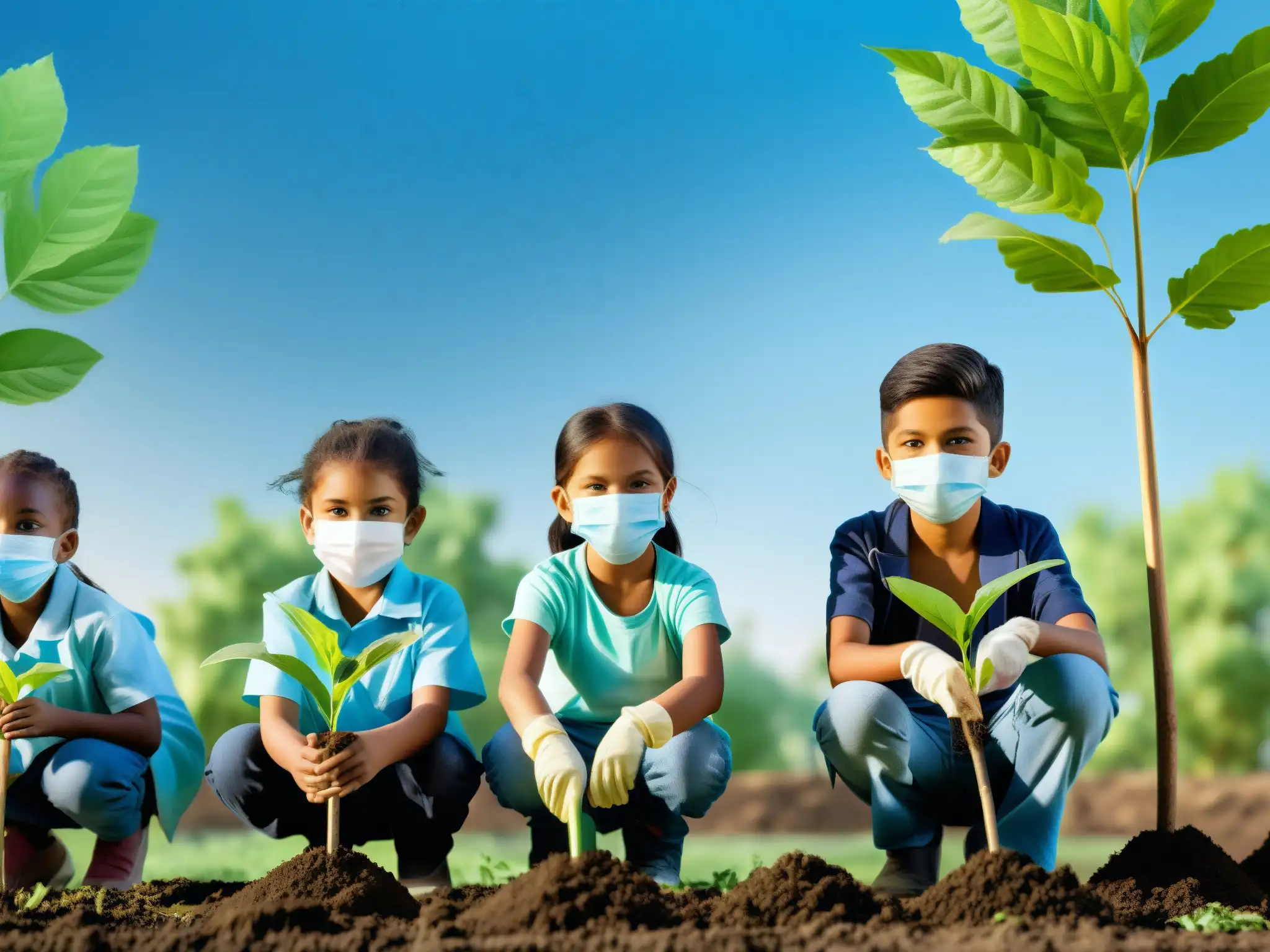 Niños con mascarillas plantando árboles en área urbana contaminada, con adultos supervisándolos