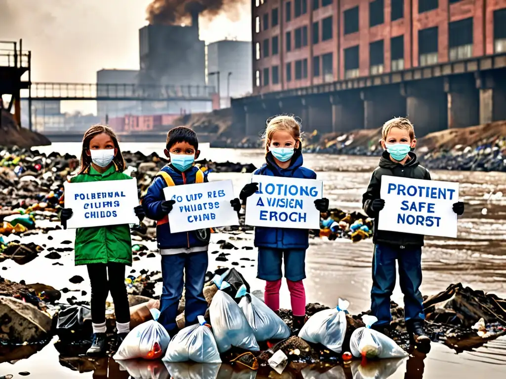 Niños con mascarillas y guantes recogen basura en un río contaminado, con fábricas emitiendo humo tóxico al fondo